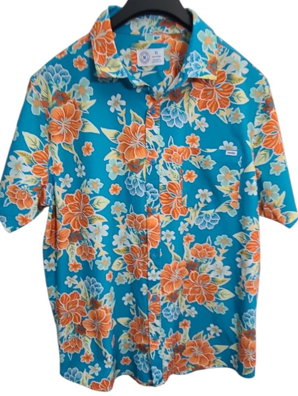 Hurley Men’s XL Hawaiian Floral Button Up Shirt Blue Orange Tropical